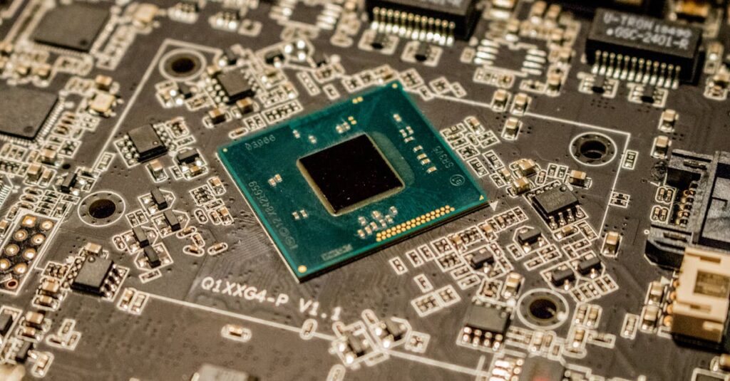 detailed view of a microchip on a printed circuit board showcasing electronic components