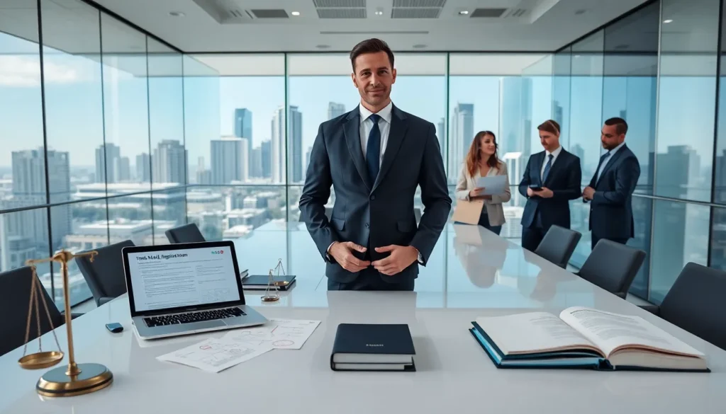 professional ip lawyer in a modern brisbane office with legal documents