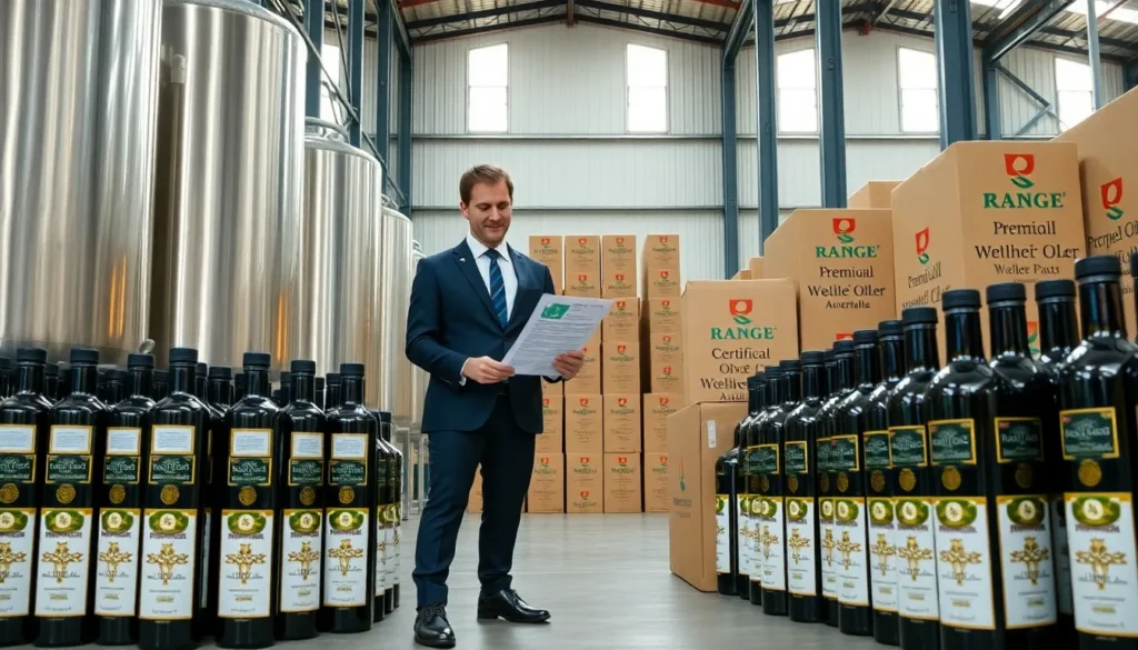 professionals inspecting bulk olive oil products in a modern australian warehouse